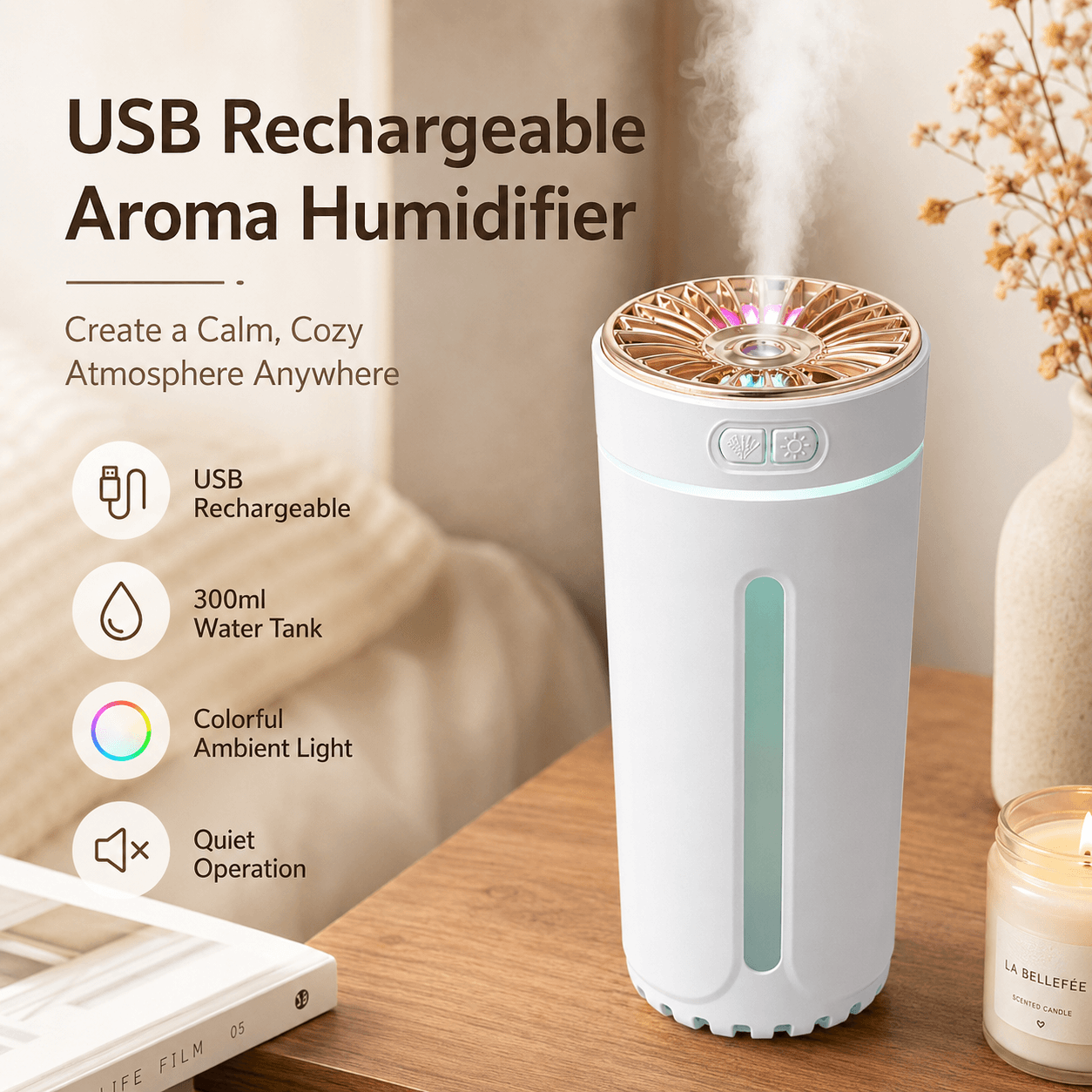 White USB Rechargeable Car Aroma Diffuser Humidifier with Ambient Light, 300