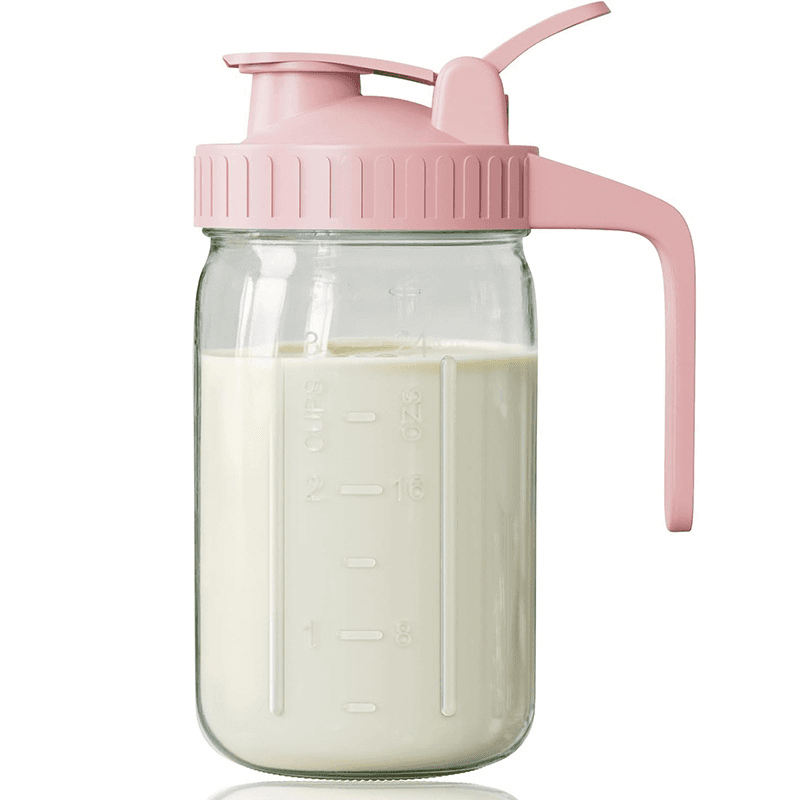 Pink Glass Mason Jar Pitcher 32oz with Flip Lid Pour Spout Milk Jug