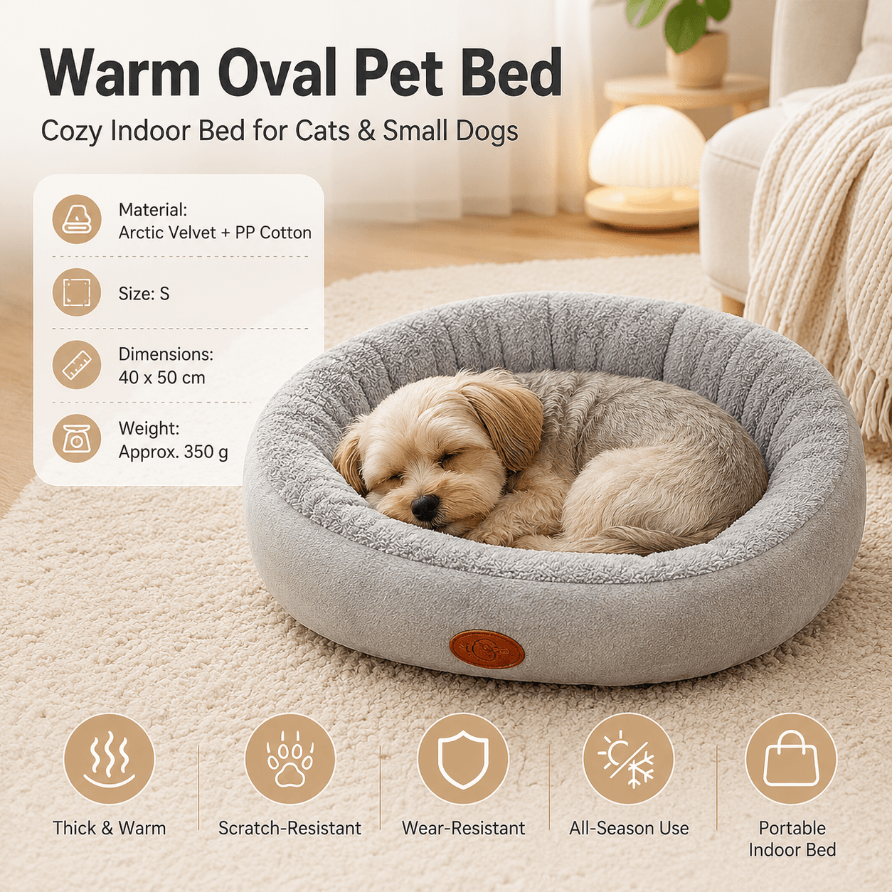 S Size 40 × 50 cm Grey Oval Pet Bed - Arctic Fleece and PP Cotton
