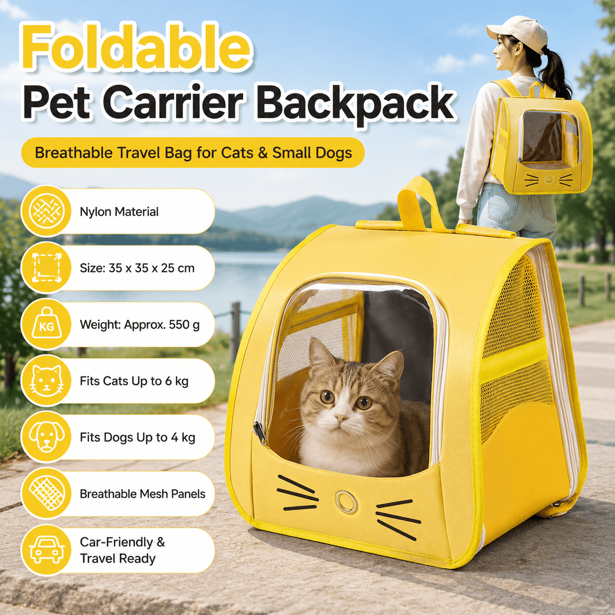 Yellow Breathable Pet Carrier Backpack - Nylon Cat Travel Bag