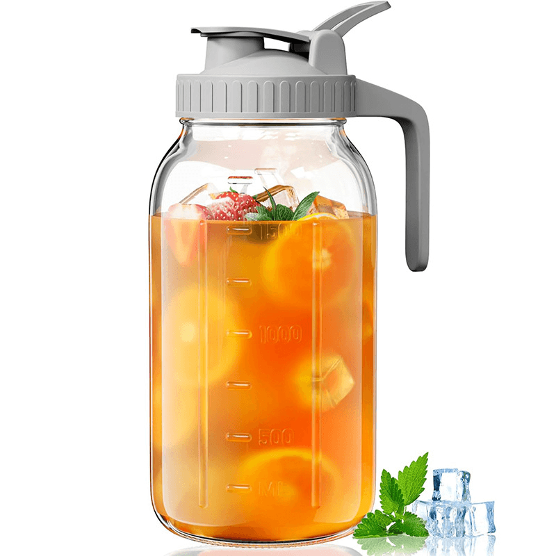 Grey Glass Mason Jar Pitcher 64oz with Flip Lid Pour Spout Milk Jug