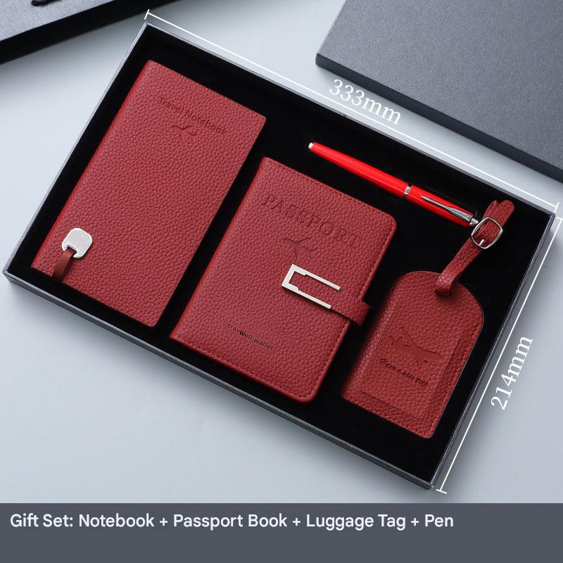 Red Travel Passport Holder and Notebook Gift Set with Luggage Tag - Red Gift