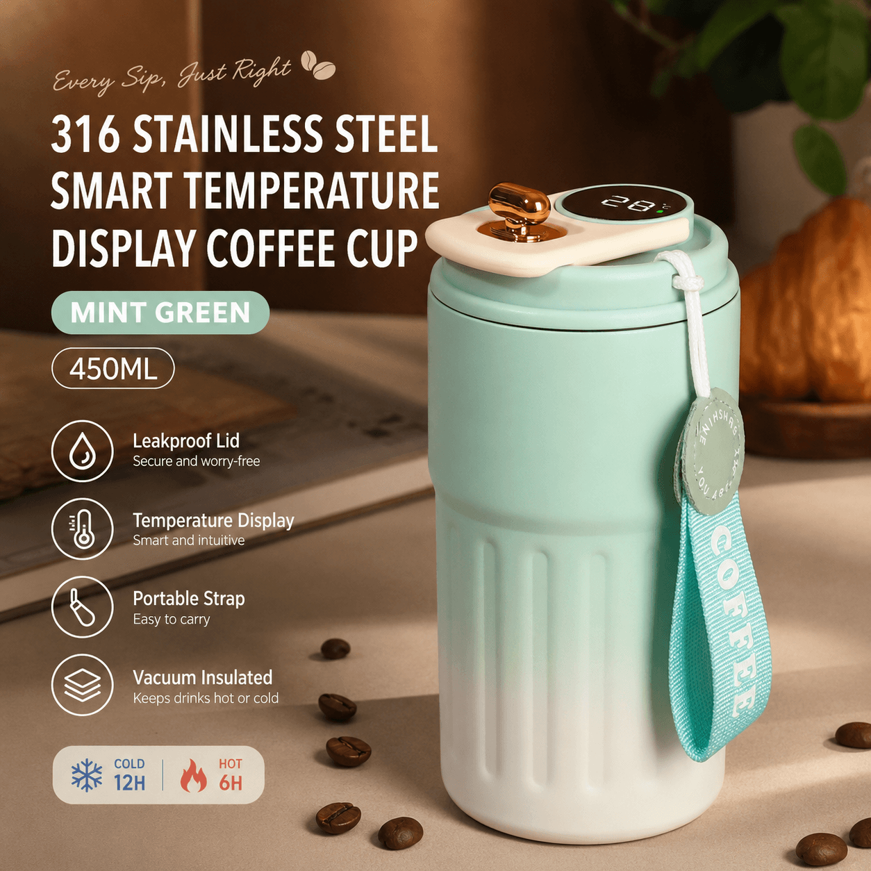 Smart Coffee Tumbler (Gradient Green) 450 ml Vacuum - Green 450 ml Vacuum