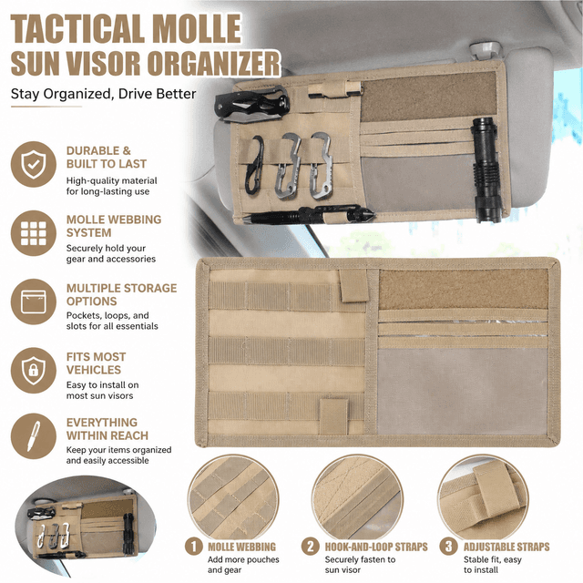 Khaki Tactical Molle Car Sun Visor Organizer - Nylon Vehicle Storage Pouch