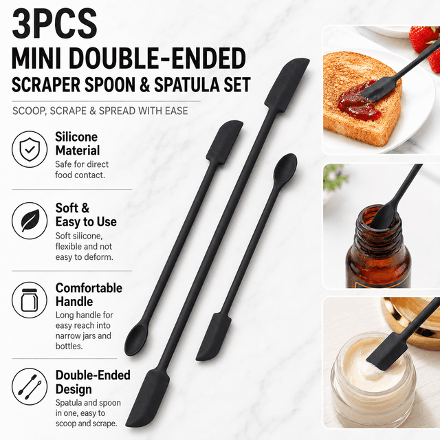 Black Silicone Mini Double Ended Spatula Spoon 3-Piece Set Sizes - Flexible