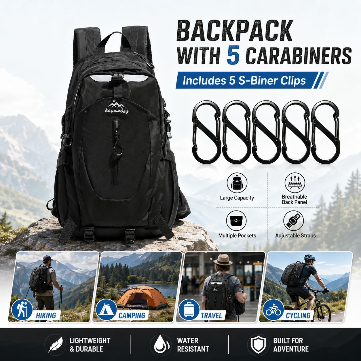 Black Hiking Backpack with 5 Carabiners Included - Lightweight