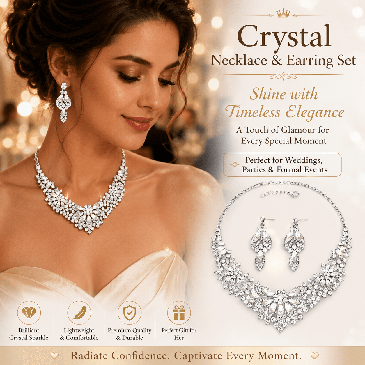Crystal Necklace Earrings Set for Women Rhinestone Bridal Jewelry Statement