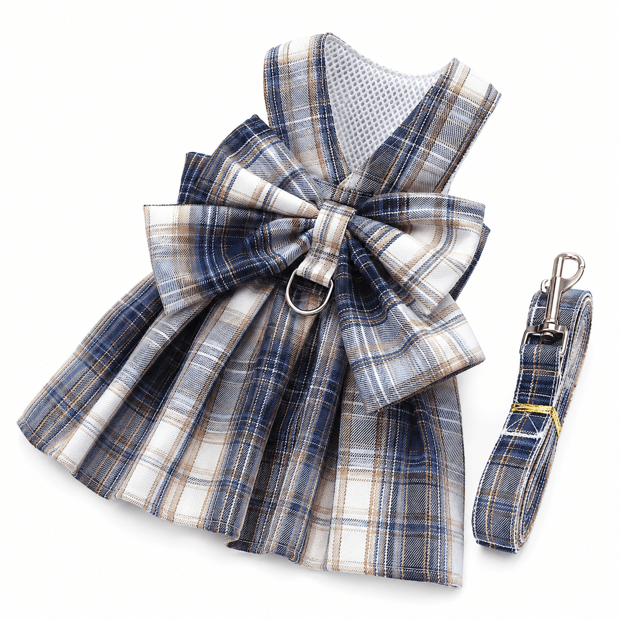 Navy Blue Plaid Pet Harness Dress with Leash for Small Dogs and Cats XS Size