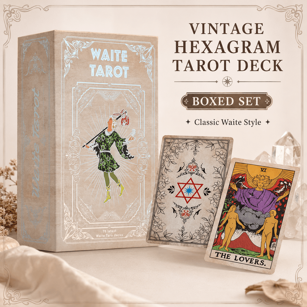 Vintage Hexagram Tarot Deck Boxed Set Waterproof PVC Plastic 78-Card Waite