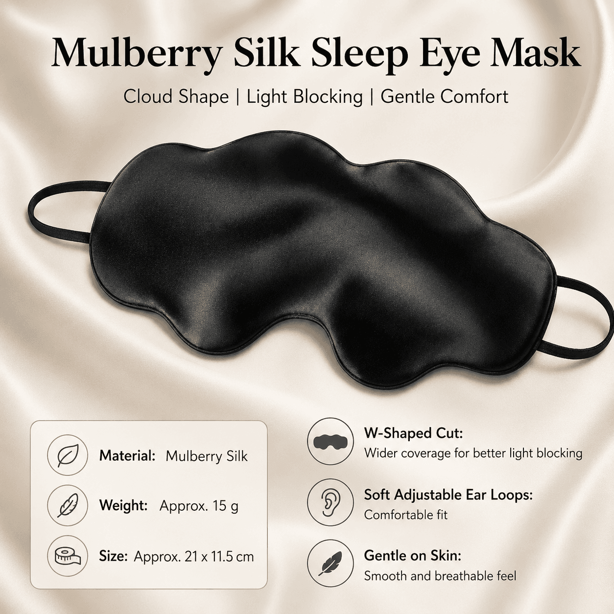 Black Mulberry Silk Sleep Eye Mask - Cloud Shaped Blackout Blindfold