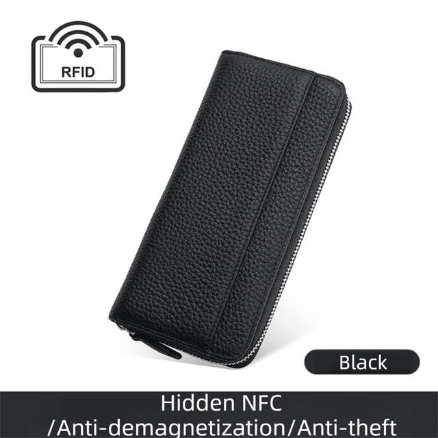 Black Genuine Leather Women's Long Wallet with RFID Blocking & Hidden NFC