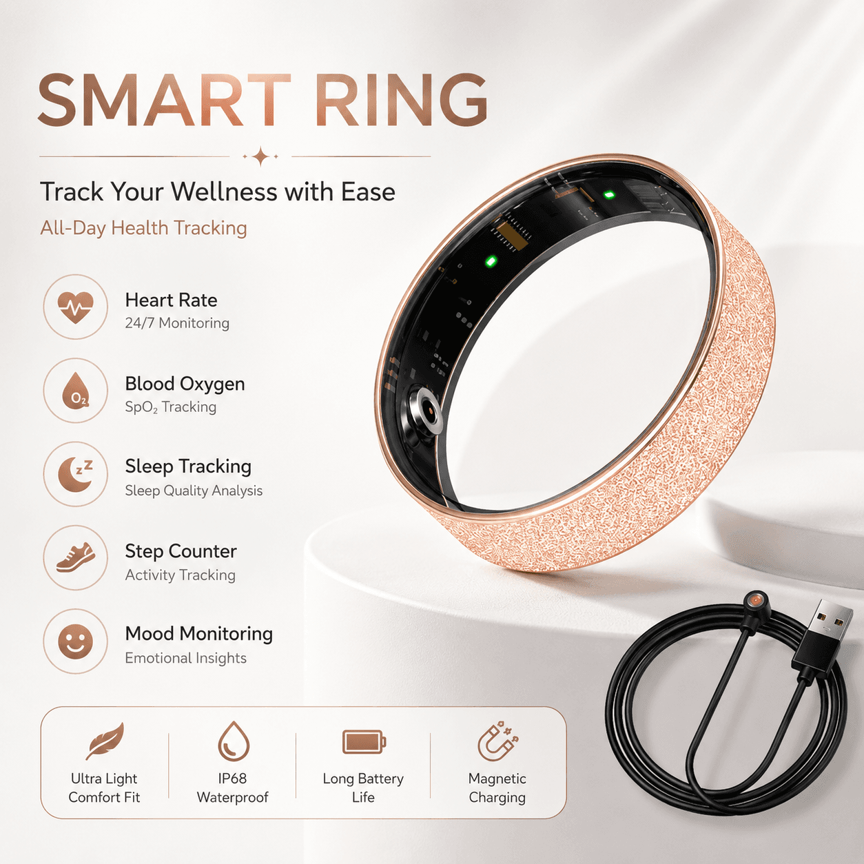 Smart Ring Size 9 (Rose Gold) - Frosted Rose Gold Wellness Tracker
