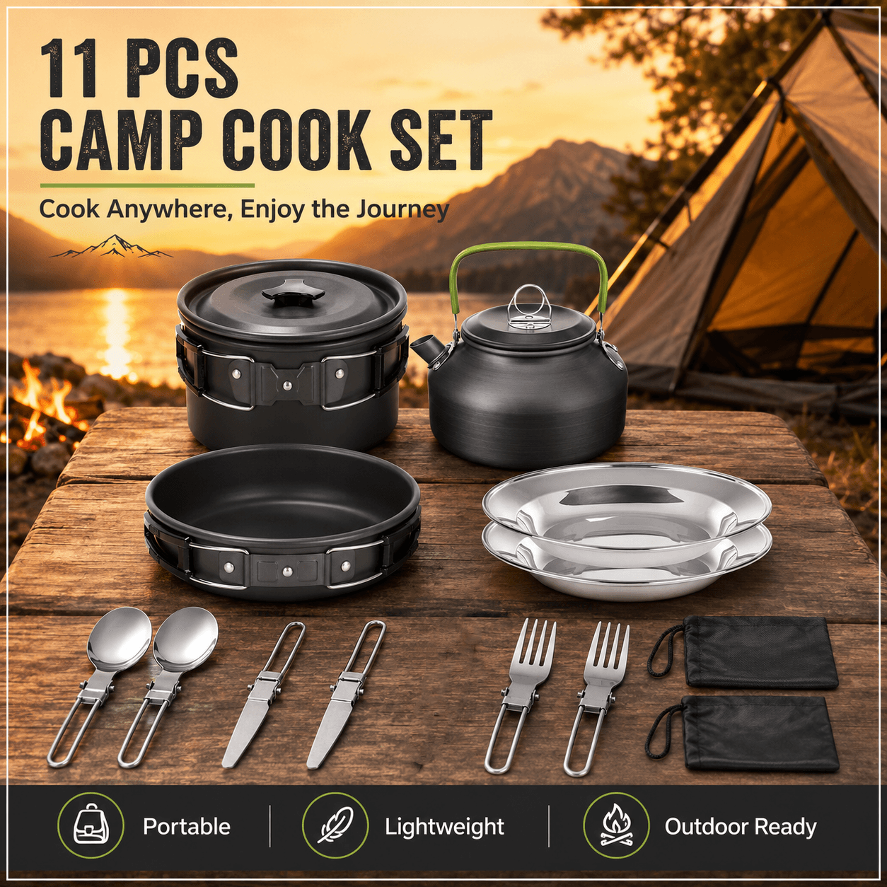 11-Piece Black Camping Cookware Set - Lightweight Aluminium Camping Pots