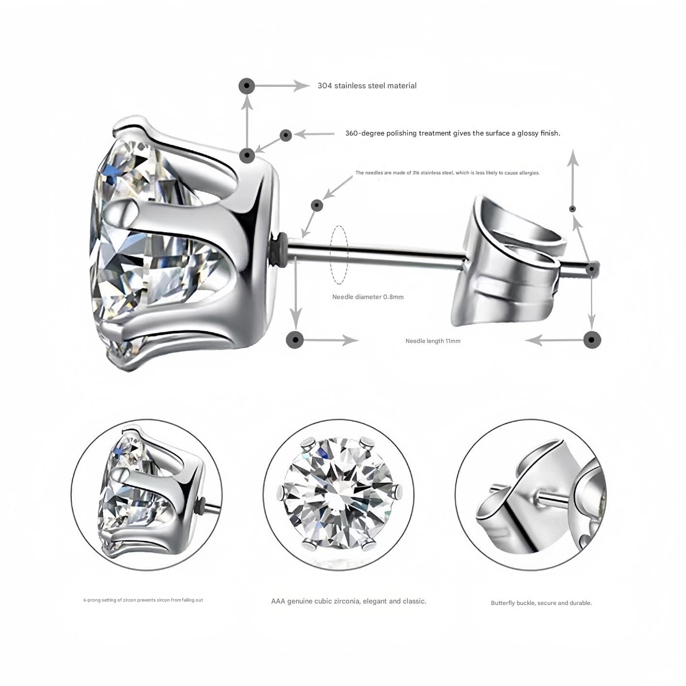 6-Pair Black Stainless Steel Stud Earring Set - Classic 6-Prong Crown