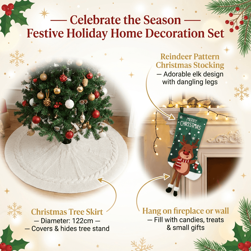 Festive Holiday Home Decoration Set - White Knitted Christmas Tree Skirt