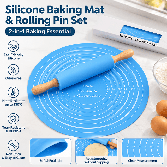 2-Piece Blue Nonstick Silicone Dough Mat and Rolling Pin - Non Slip Baking