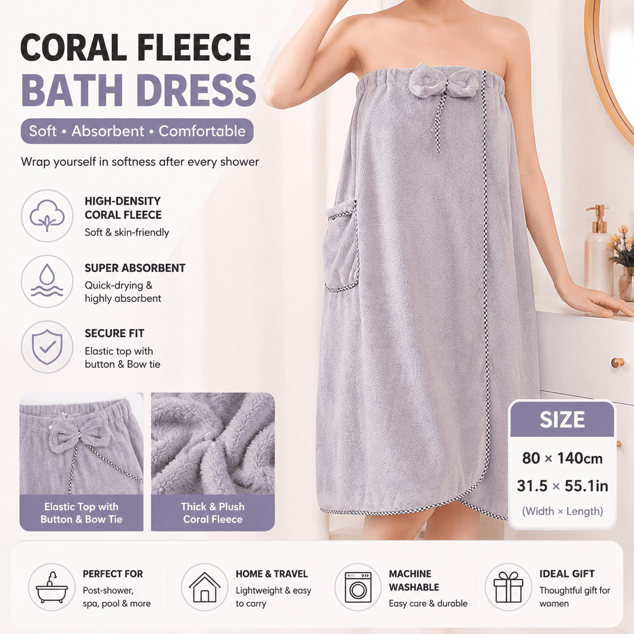 Grey Women's Coral Fleece Wearable Bath Towel Wrap - 80 × 140 cm
