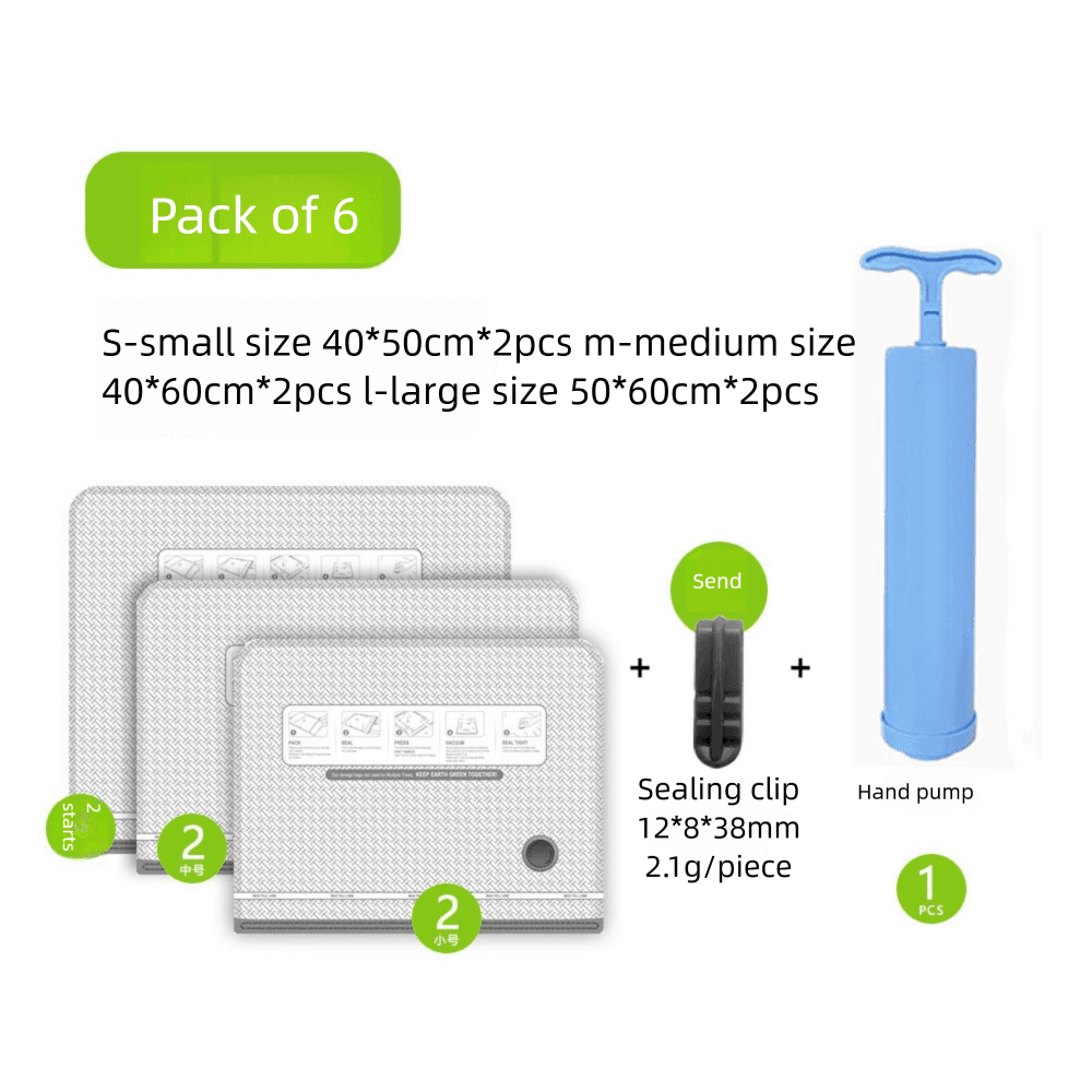 Six Vacuum Storage Bags Set with Hand Pump - Space Saving Compression Bags