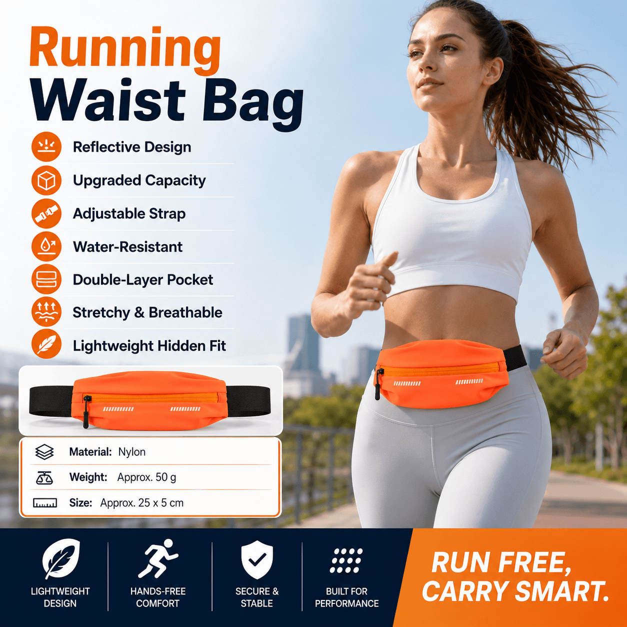 Orange Running Waist Belt - High Stretch Nylon Sports Fanny Pack