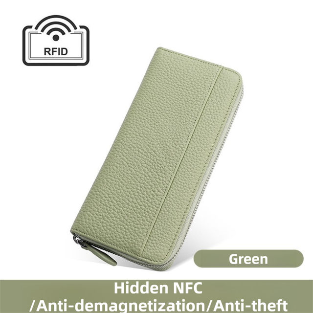 Green Genuine Leather Women's Long Wallet with RFID Blocking & Hidden NFC