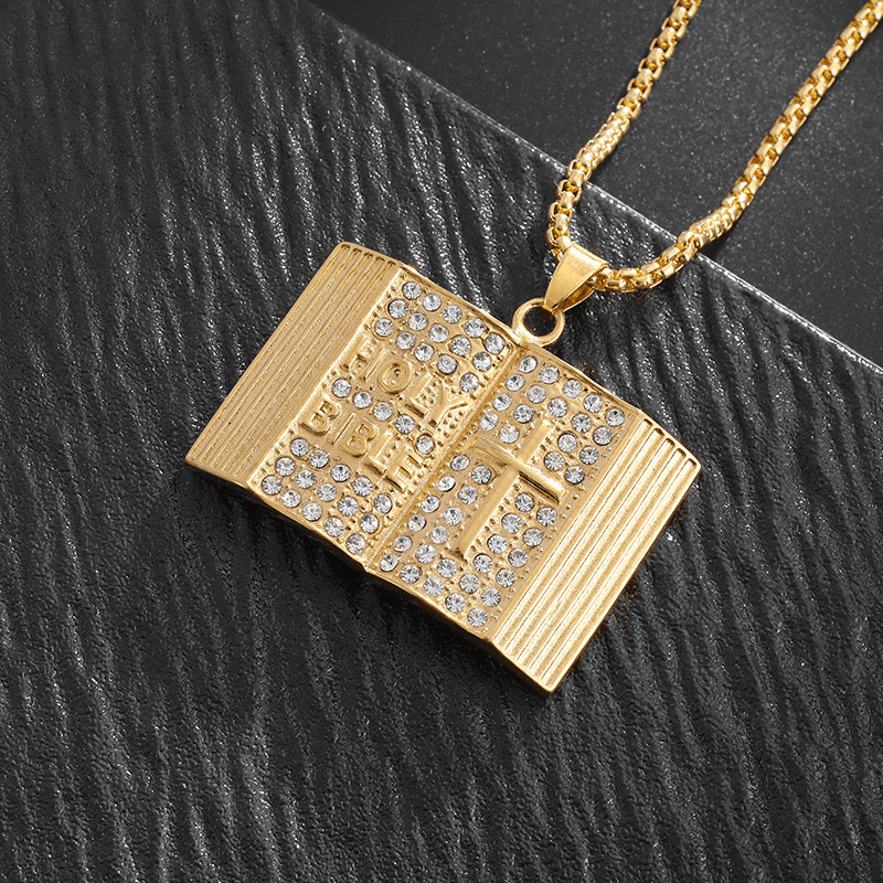 Aureate Vintage Holy Bible Book Pendant Necklace - Plated Alloy Cross