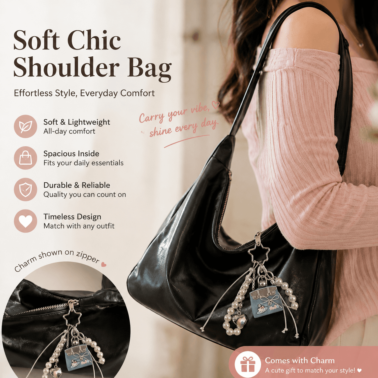 Black PU Leather Shoulder Bag with Charm Keychain - Large Capacity Hobo