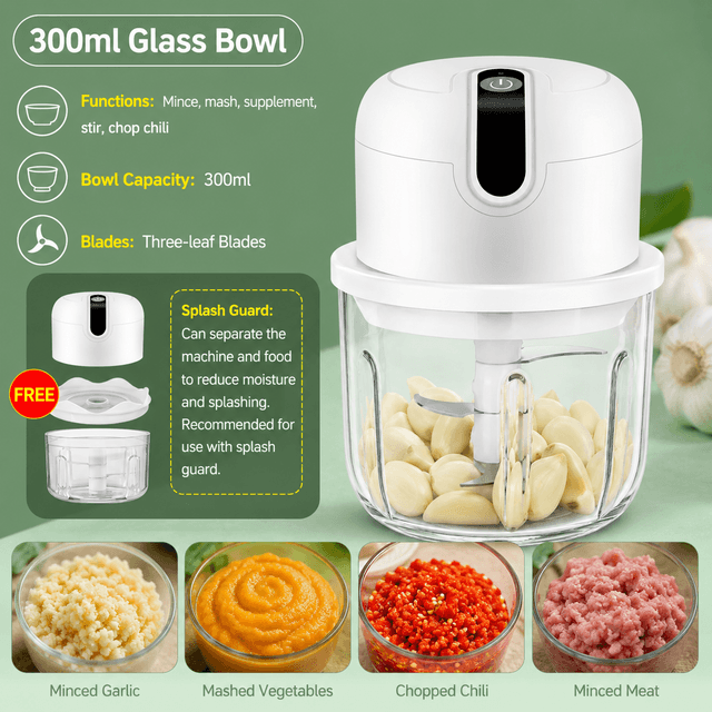 Blue 300 ml Electric Mini Food Processor & Garlic Chopper with Glass Bowl, 3