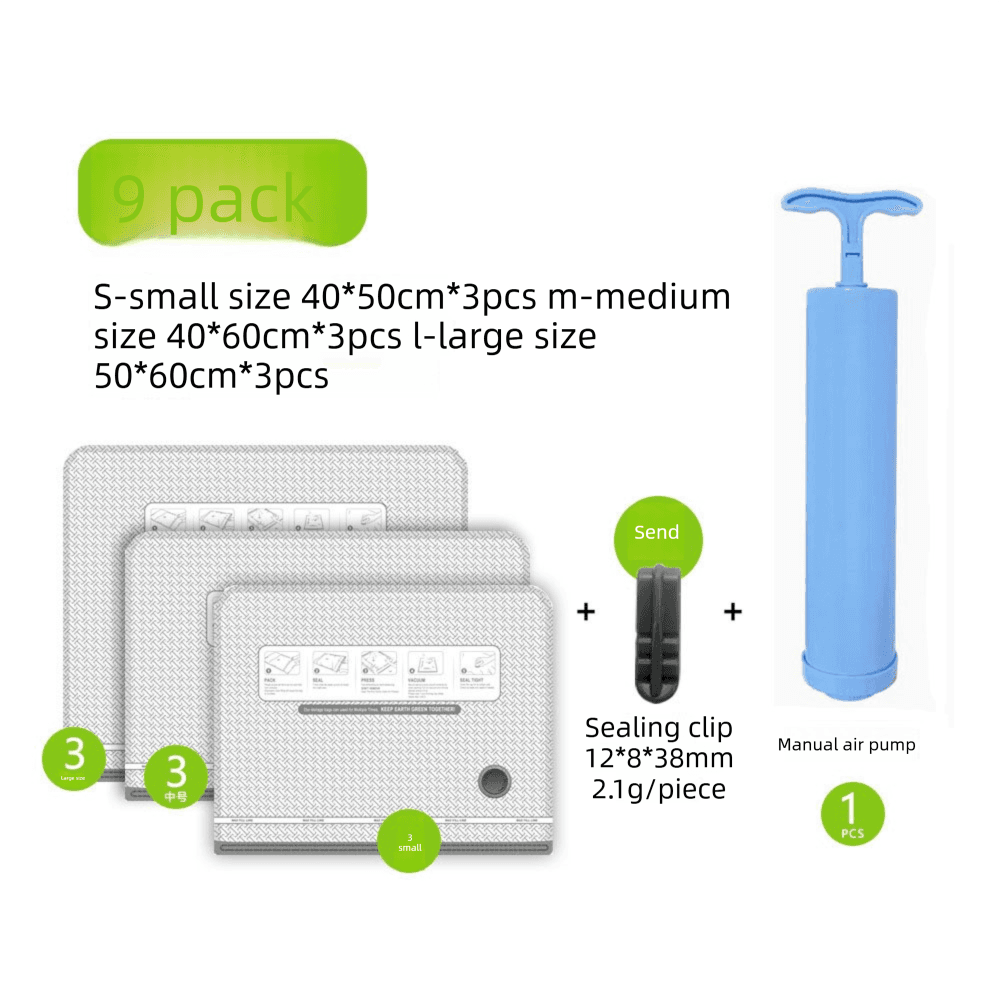 Nine Vacuum Storage Bags Set with Hand Pump - Space Saving Compression Bags