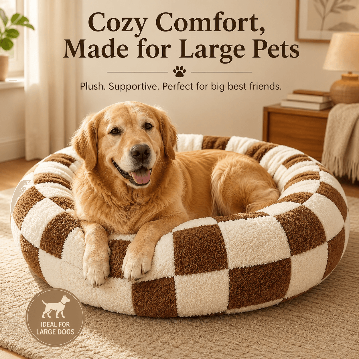 Medium Large Pet Donut Bed (Coffee plaid) -80 cm outer diameter, Soft Plush