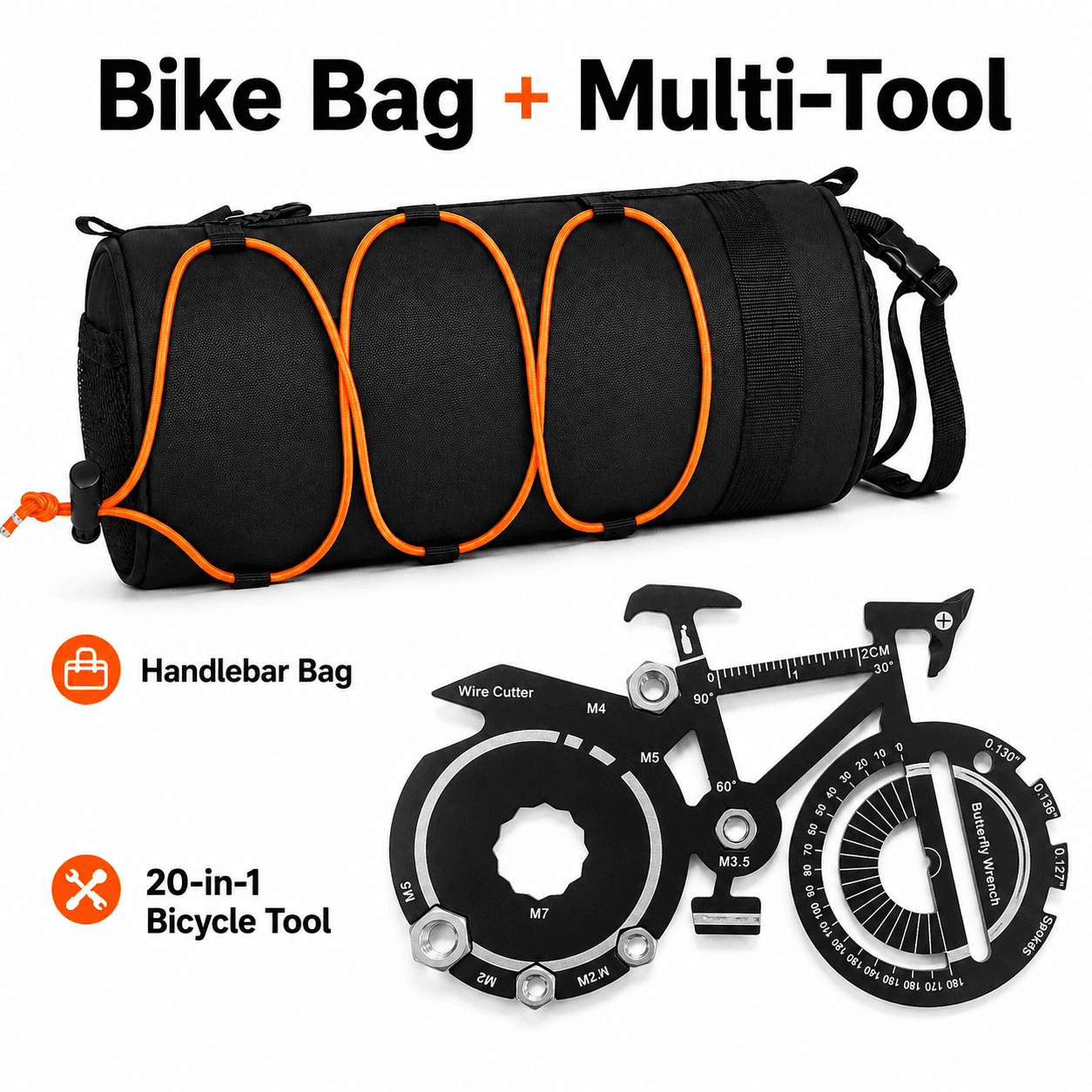 Black Handlebar Bag with Orange Elastic Cord and 20-in-1 Bicycle Multi Tool