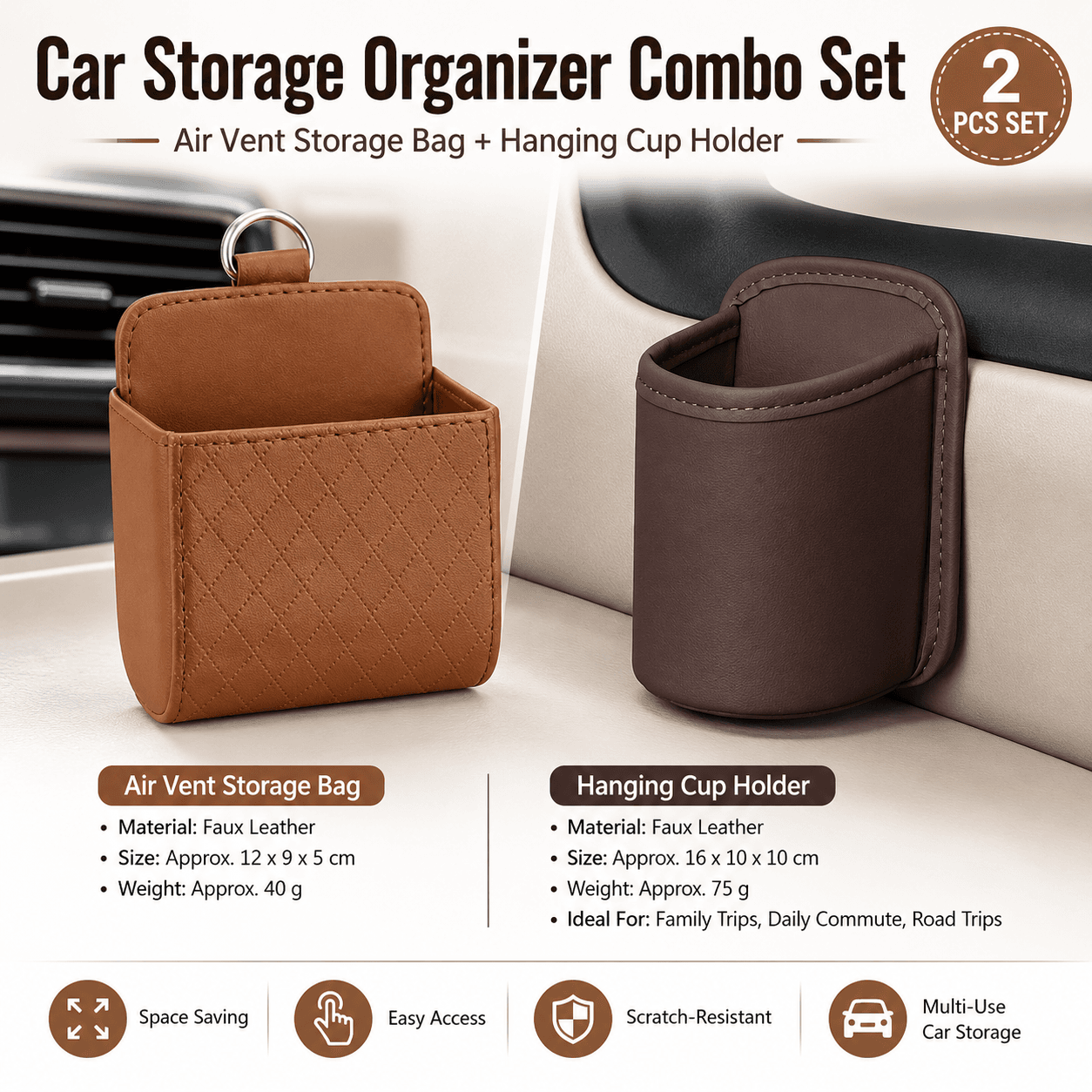 Universal Brown Car Storage Set - PU Leather Air Vent Organizer and Hanging