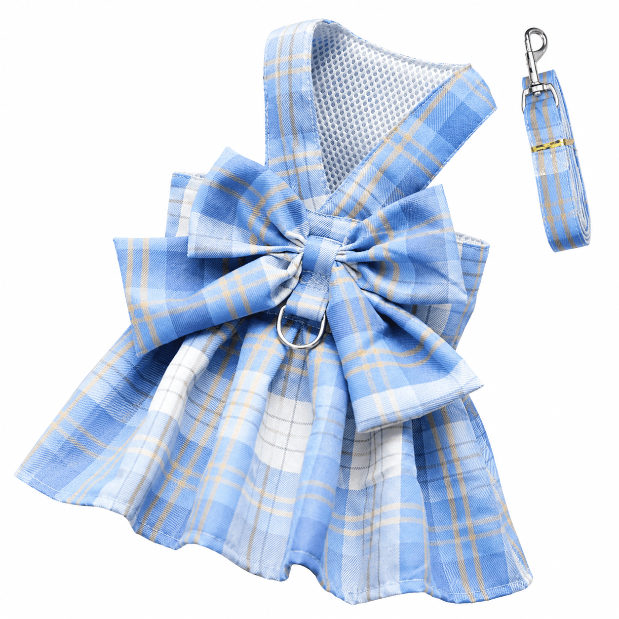 Blue Plaid Pet Harness Dress with Leash for Small Dogs and Cats XS Size Bow