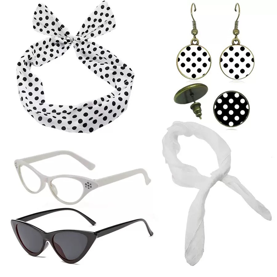 White 6 Piece Vintage Polka Dot Party Kit Accessories Set - 1950s Retro