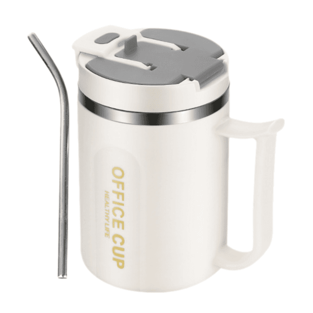 White and Grey 16oz Stainless Steel Office Mug with Phone Stand Lid, Straw