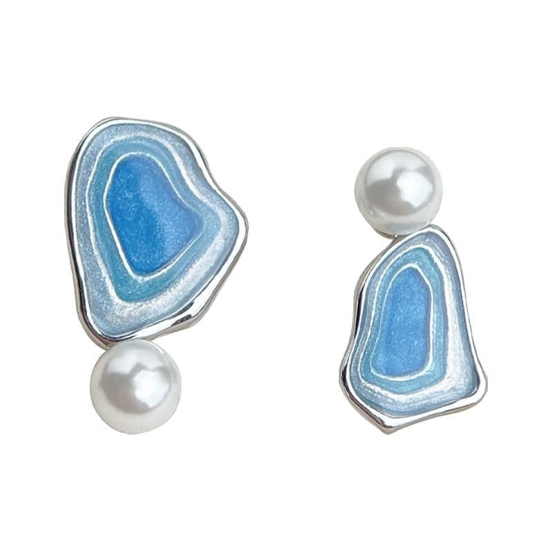 Blue Enamel Pearl Drop Earrings - Asymmetric Silver Needle Earrings
