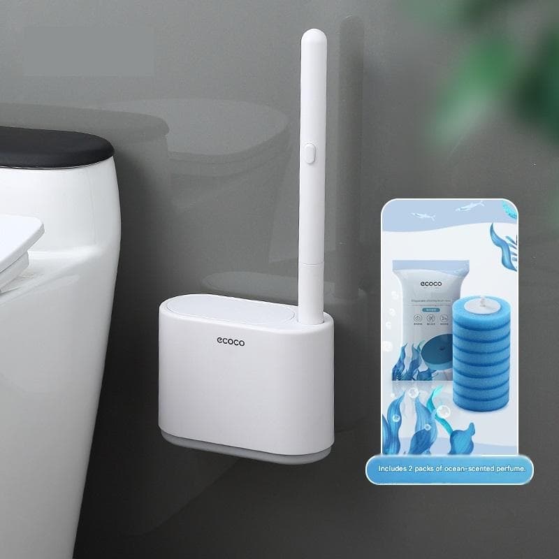 White and Grey Disposable Toilet Brush with Wall Mount Holder set - No Touch