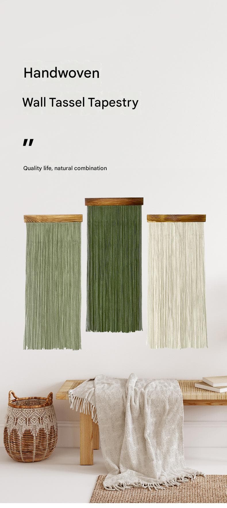 Light Green 90×40 cm Natural Fibre Tapestry -Handwoven Cotton Tassel Wall