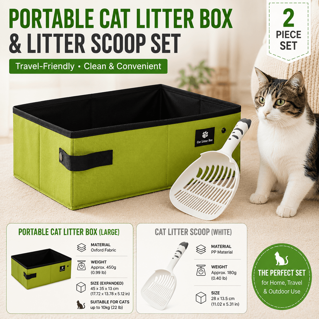 Travel Friendly Pet Toilet Kit - Green Portable Cat - Green Portable White
