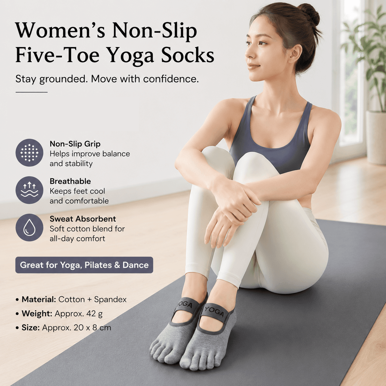 Grey Non-Slip Five Toe Yoga Socks - Cotton Blend with PVC Grip Dots