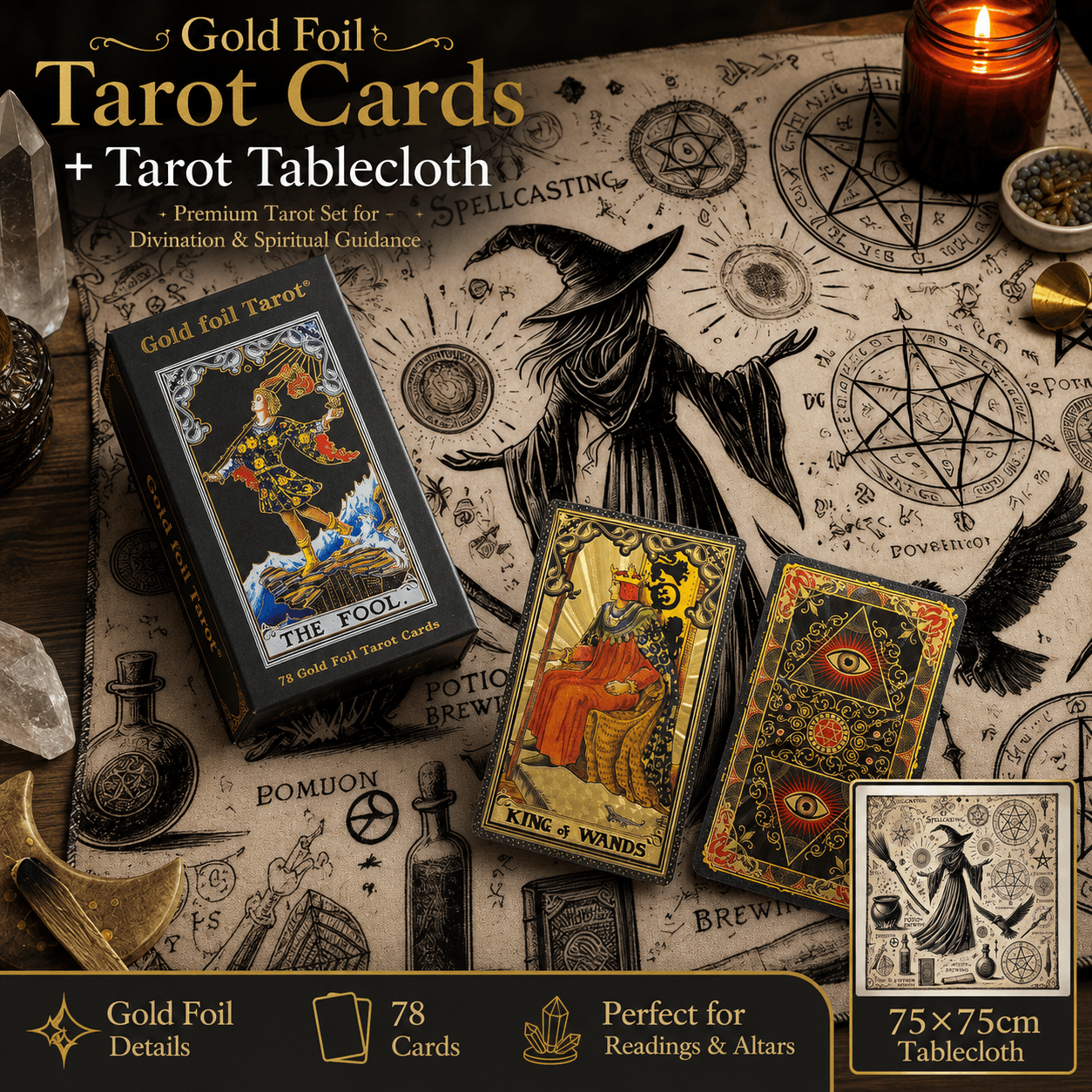 Gold Foil Tarot Cards with Hexagram Gift Box & 75 × 75 cm Witch Tarot