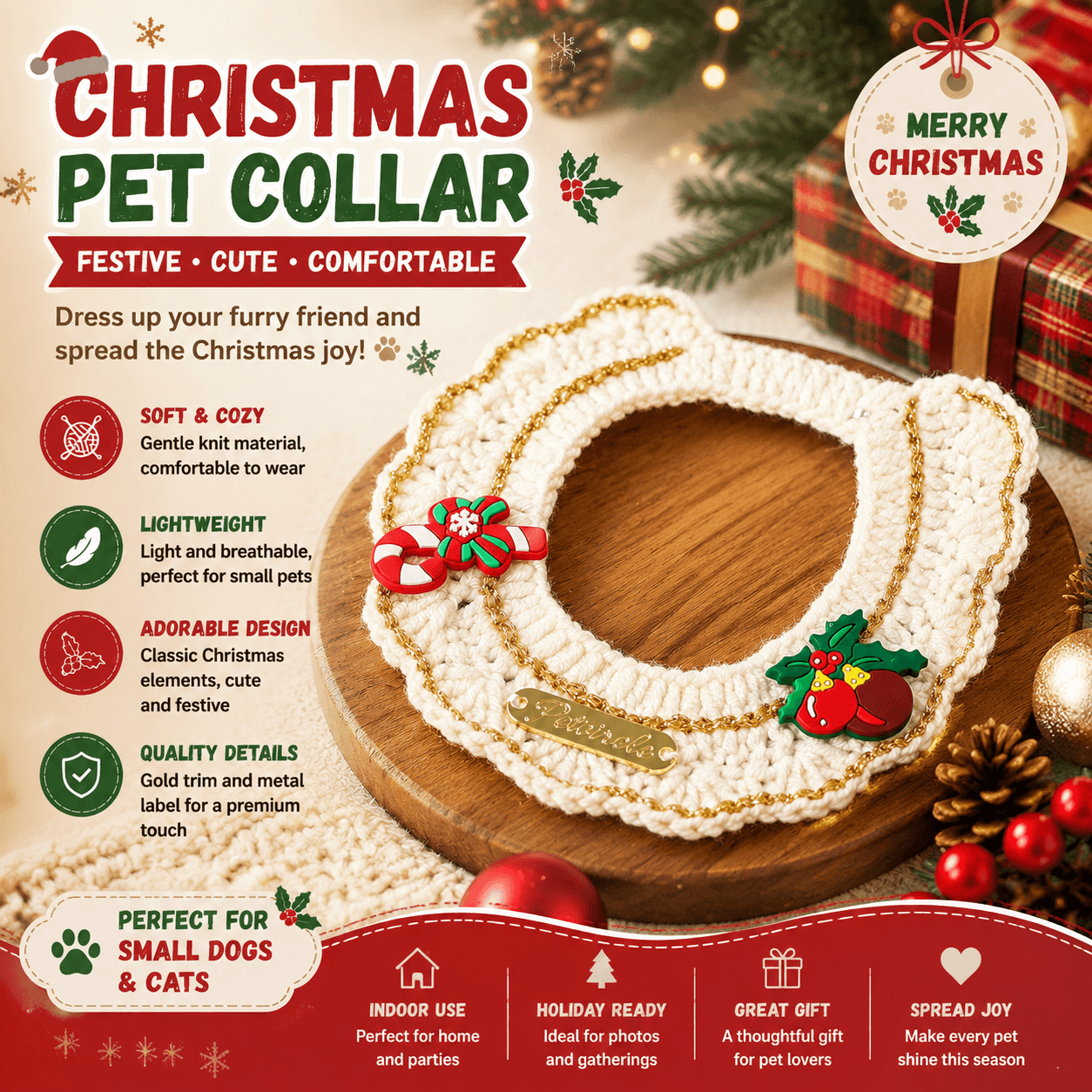 Christmas Pet Collar（Cane and pine cone） Knitted Festive Dog Cat Collar Red