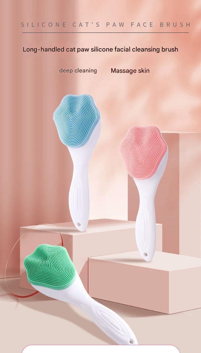 Pink Silicone Cat Paw Face Brush - Long Handle Manual Facial Cleanser