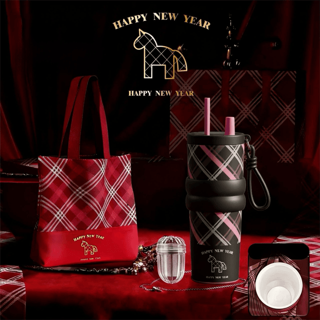 Black British Equestrian Plaid 710 ml Insulated Travel Mug - Delux Gift Box
