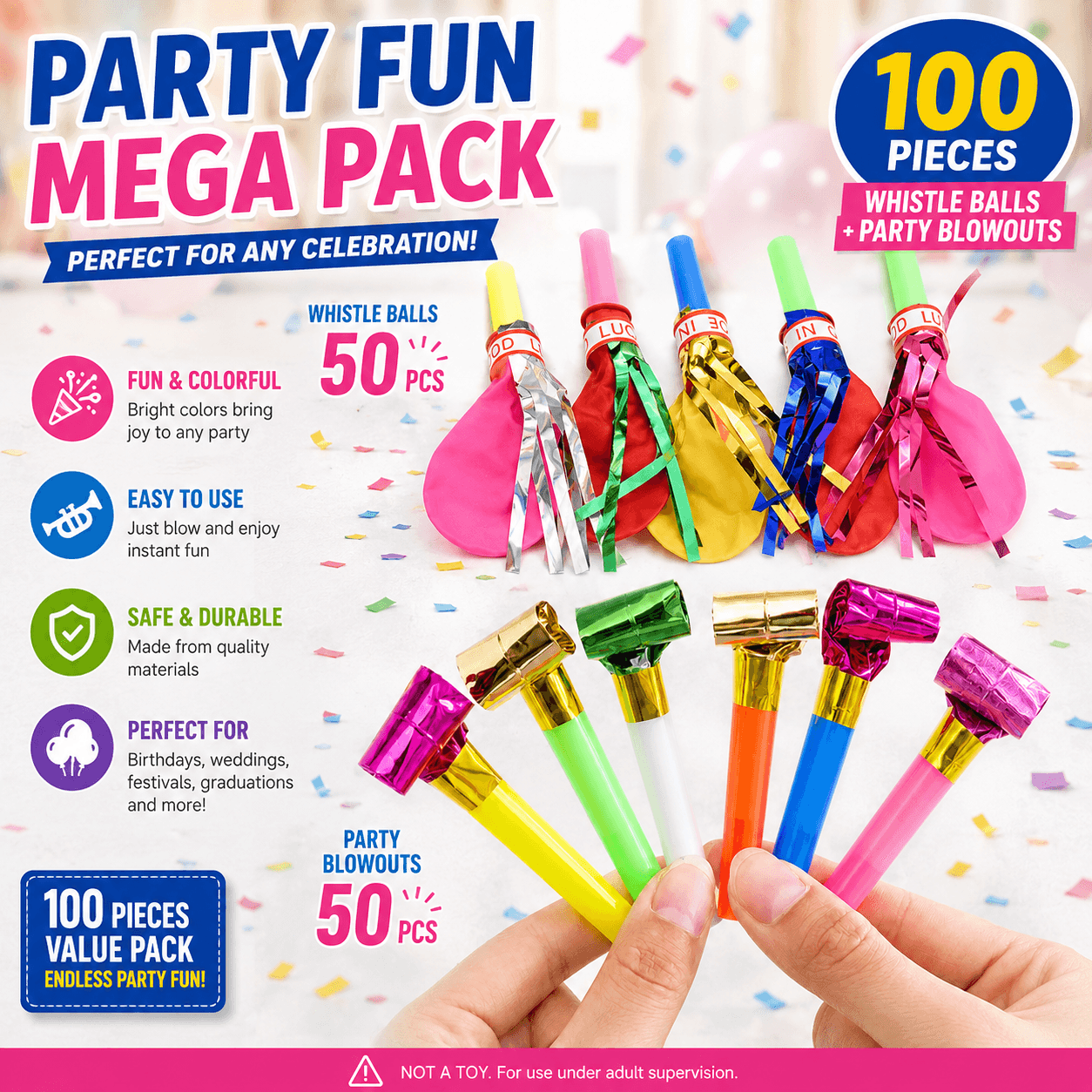 100 Piece Party Whistle and Blowout Set - 50 Whistle Balloons and 50 Party
