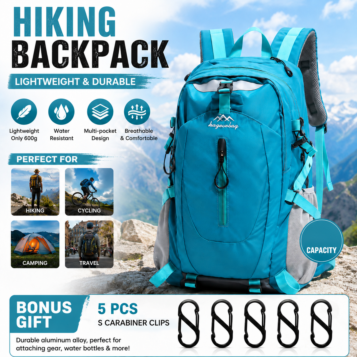 Lake Blue Hiking Backpack with 5 Carabiners Included - Lightweight