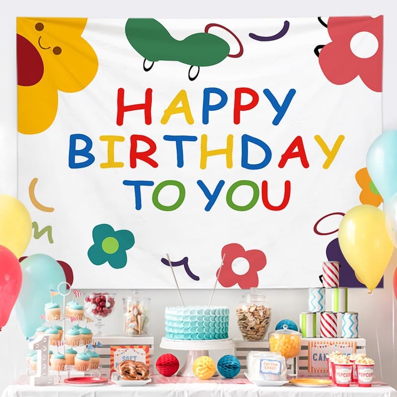 Cartoon Birthday Wall Tapestry Banner(Floral Style) - Colourful Happy