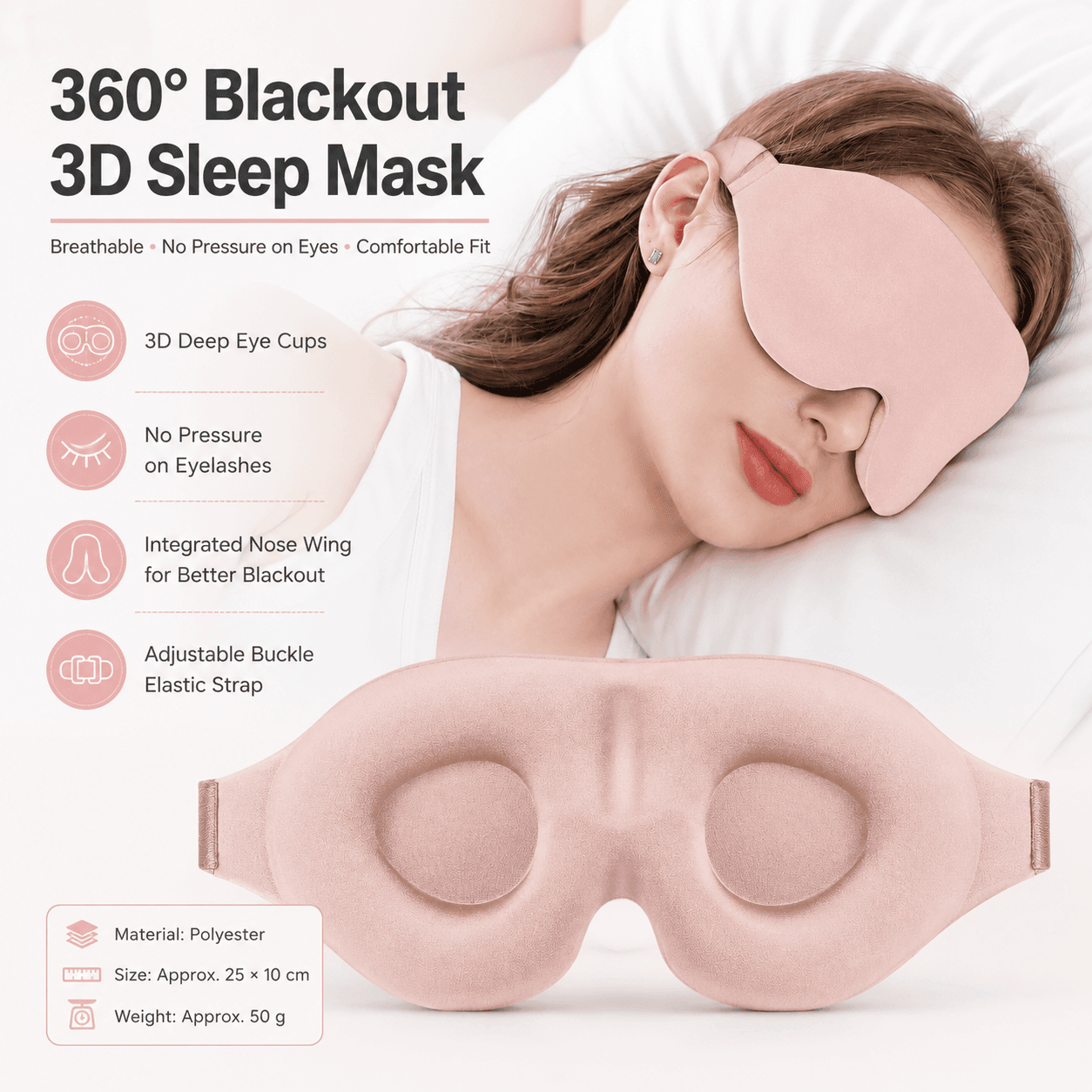 Pink 3D Contoured Sleep Eye Mask - 360 Degree Blackout Blindfold