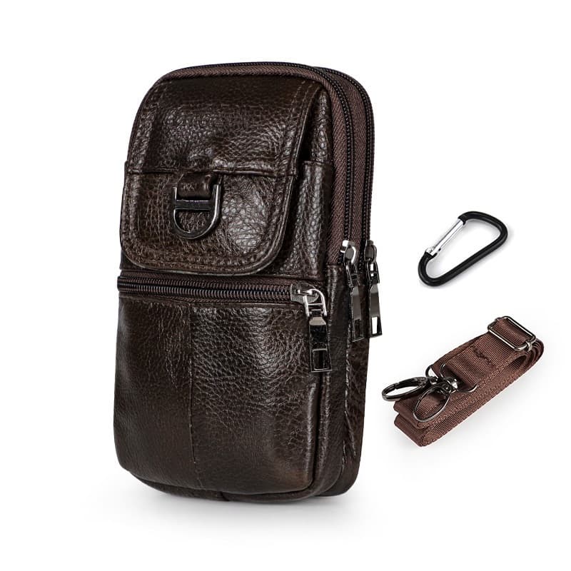 Dark brown Leather Belt Phone Pouch - Multi-Pocket Waist Bag with Shoulder