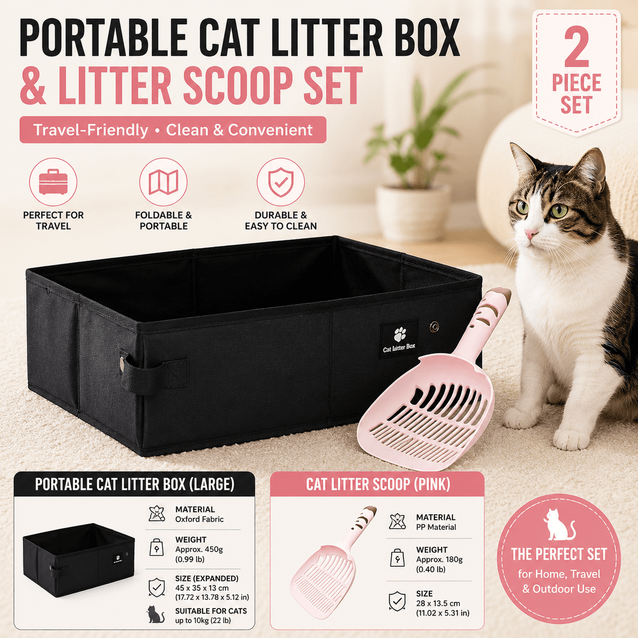 Travel Friendly Pet Toilet Kit - Black Portable - Black Portable Pink Oxford