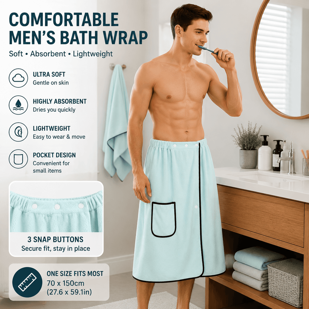 Men's Bath Wrap Microfiber Quick Dry Absorbent Adjustable Snap - Light Blue